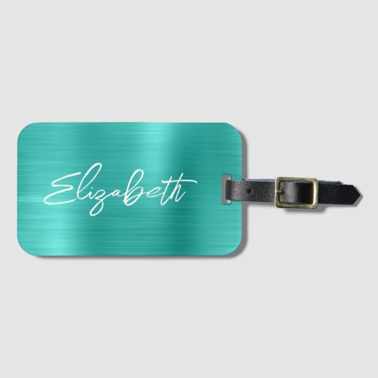 Étiquette À Bagage Turquoise Foil Moderne Brush Script Prénom (Devant Horizontal)