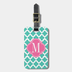 Étiquette À Bagage Turquoise Girly et Quatrefoil rose personnalisés