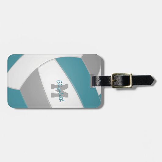 Étiquette À Bagage turquoise gris blanc monogrammé volleyball (Devant horizontal)