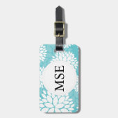 Étiquette À Bagage Turquoise motif floral blanc (Devant Vertical)