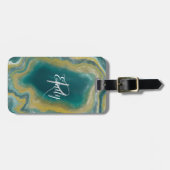 Étiquette À Bagage Turquoise vert Agate marbre Nom Abstrait Monogramm (Devant horizontal)