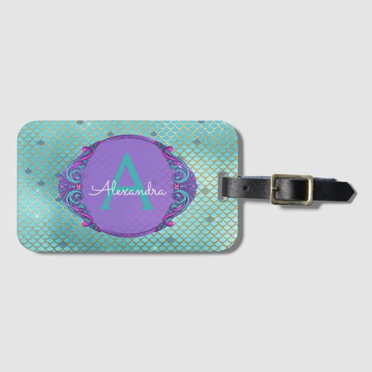Étiquette À Bagage Turquoise vert et mauve Étalons de sirène Monogram (Devant Horizontal)