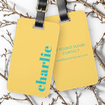 Étiquette À Bagage Typographie moderne jaune et turquoise<br><div class="desc">Marque de bagage moderne et minimale avec votre nom personnalisé ou texte aligné verticalement à droite sur un arrière - plan jaune.</div>