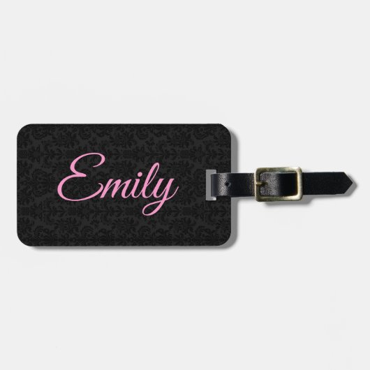 Étiquette À Bagage Typographie rose Motif noir Damas (Devant horizontal)