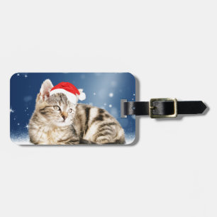 Étiquette À Bagage Un joli chat portant un chapeau de Père Noël rouge