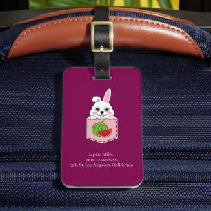 Étiquette À Bagage Un lapin blanc qui regarde et un fruit pastèque