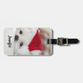 Étiquette À Bagage Un mignon chien blanc dans un Casquette de Noël ro (Devant horizontal)