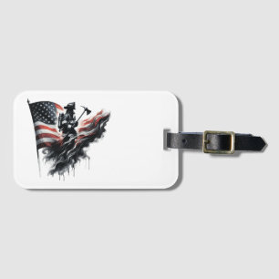 Étiquette À Bagage Un pompier américain.Drapeau des Etats-Unis.