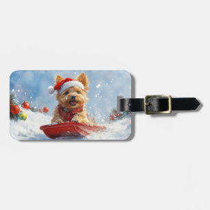 Étiquette À Bagage Un Terrier australien à la luge, qu'il neige Noël