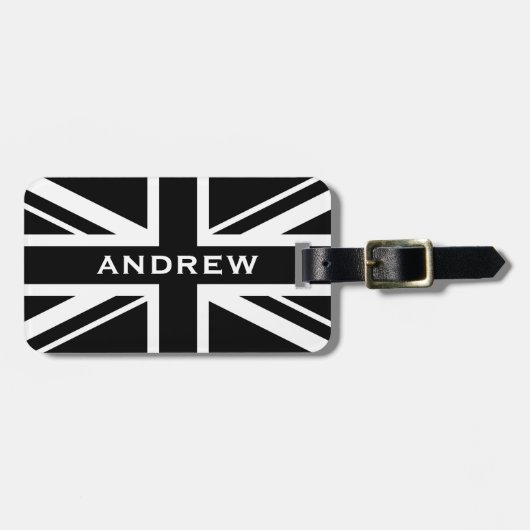Étiquette À Bagage Union Jack ~ Noir et Blanc (Devant horizontal)