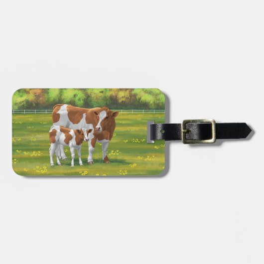 Étiquette À Bagage Vache de Guernesey et veau mignon dans les pâturag (Devant horizontal)