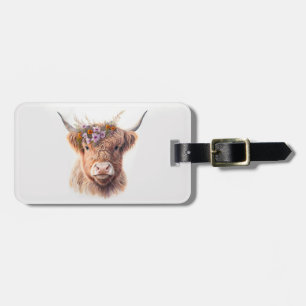 Étiquette À Bagage Vache des Highlands avec couronne florale Illustra