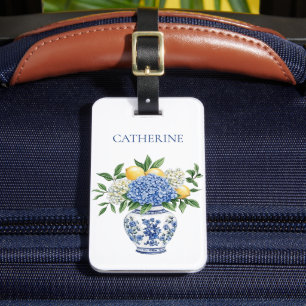 Étiquette À Bagage Vase Chinoiserie Bleu et Blanc avec hydrangées
