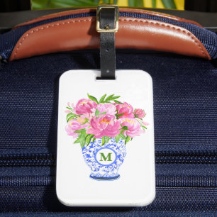Étiquette À Bagage Vase de chinoiserie aux pivoines roses Monogramme