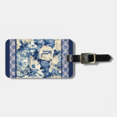 Étiquette À Bagage Vase florale chic Chiroiserie bleue toile monogram (Devant horizontal)