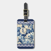 Étiquette À Bagage Vase florale chic Chiroiserie bleue toile monogram (Devant Vertical)