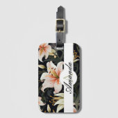 Étiquette À Bagage Vector Blanc & Rose Lily Motif Monogramme (Devant Vertical)