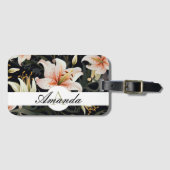 Étiquette À Bagage Vector Blanc & Rose Lily Motif Monogramme (Devant Horizontal)