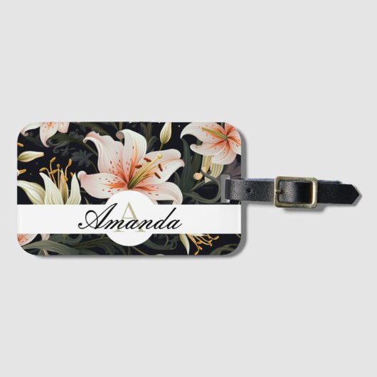 Étiquette À Bagage Vector Blanc & Rose Lily Motif Monogramme (Devant Horizontal)