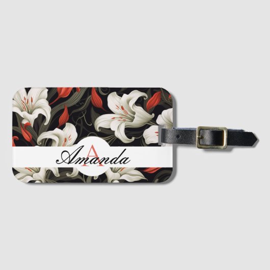 Étiquette À Bagage Vector Blanc & Rouge Lys Motif Monogramme (Devant Horizontal)