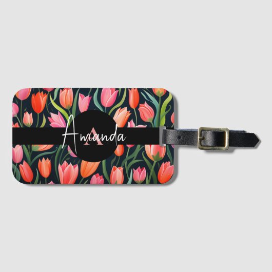 Étiquette À Bagage Vector Pink Leaf Script Monogramme Tulip Motif (Devant Horizontal)