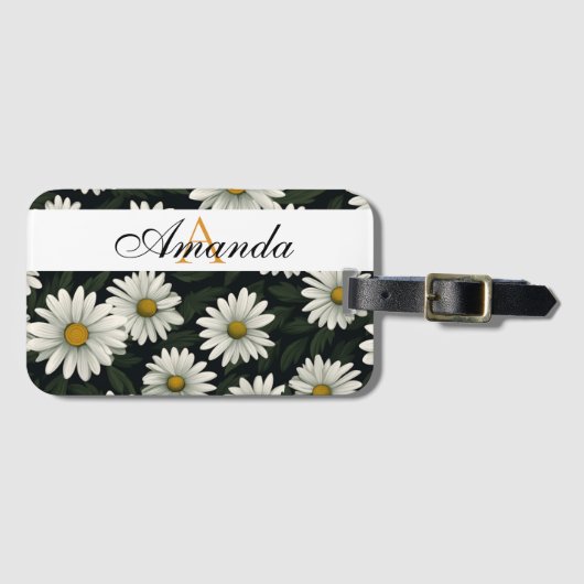 Étiquette À Bagage Vector White Daisy Seamless Motif Monogramme (Devant Horizontal)