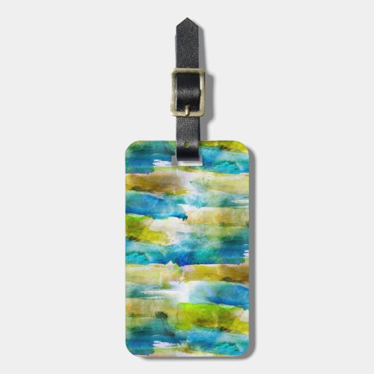 Étiquette À Bagage Vert abstrait d'aquarelle, bleu (Devant Vertical)
