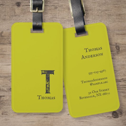Étiquette À Bagage Vert acide uni gris initiales et nom