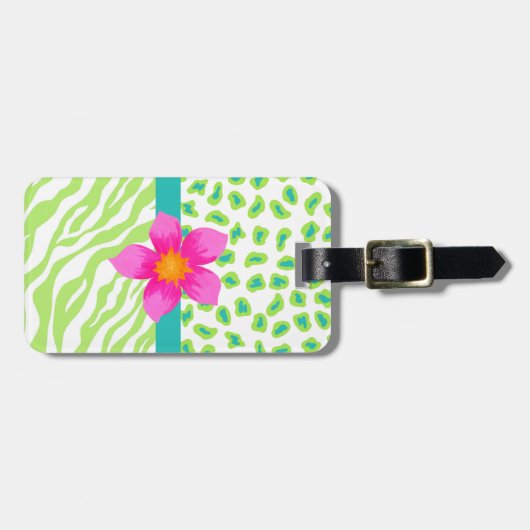 Étiquette À Bagage Vert, blanc et Turquoise Zèbre et Cheetah Rose Fle (Devant horizontal)