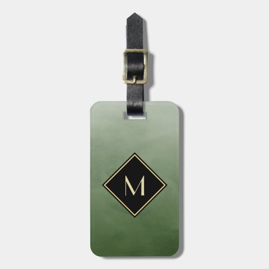 Étiquette À Bagage Vert Brossé Élégant Avec Monogramme Or Simple (Devant Vertical)