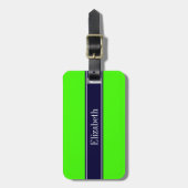 Étiquette À Bagage Vert Citron Uni, Ruban Bleu Marine Monogramme Nom (Devant Vertical)