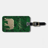 Étiquette À Bagage Vert émeraude et éléphant doré monogrammé (Devant horizontal)