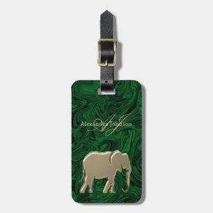 Étiquette À Bagage Vert émeraude et éléphant doré monogrammé