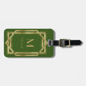Étiquette À Bagage Vert et Or Géométrique | Monogramme & Nom (Devant horizontal)