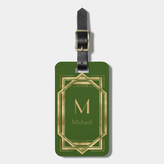 Étiquette À Bagage Vert et Or Géométrique | Monogramme & Nom (Devant Vertical)