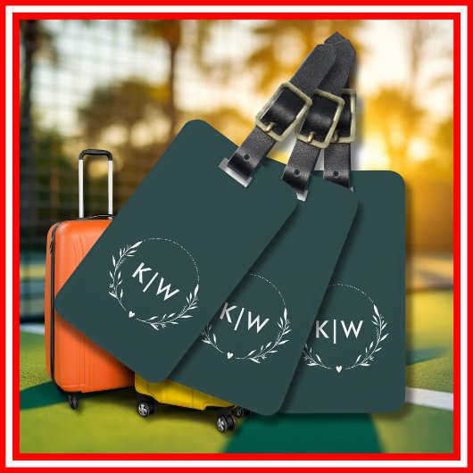 Étiquette À Bagage Vert forêt et blanc | Monogramme d'initiales moder