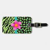 Étiquette À Bagage Vert, noir et Turquoise Zèbre et Cheetah Rose Fleu (Devant horizontal)