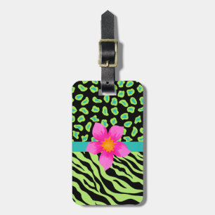 Étiquette À Bagage Vert, noir et Turquoise Zèbre et Cheetah Rose Fleu