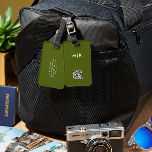 Étiquette À Bagage Vert olive avec code QR | Monogramme moderne (Recto & Verso)