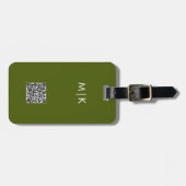 Étiquette À Bagage Vert olive avec code QR | Monogramme moderne (Devant horizontal)