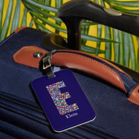 Étiquette À Bagage Vert violet jaune floral Monogramme initial E bleu (Insitu Rectoal 1)