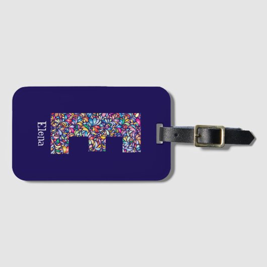 Étiquette À Bagage Vert violet jaune floral Monogramme initial E bleu (Devant Horizontal)