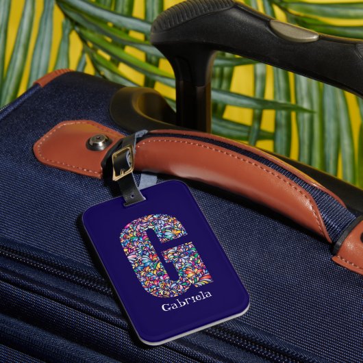 Étiquette À Bagage Vert violet jaune floral Monogramme initial G bleu (Insitu Rectoal 1)