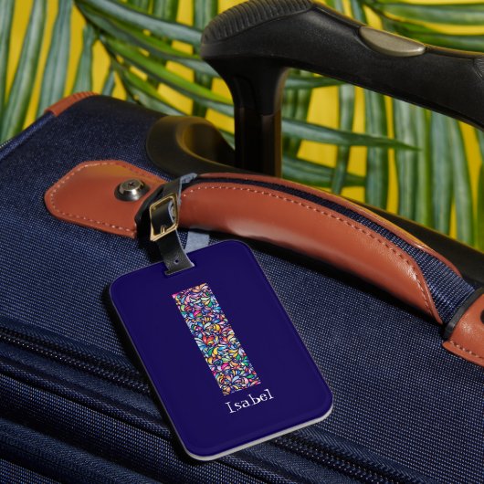 Étiquette À Bagage Vert violet jaune floral Monogramme initial I bleu (Insitu Rectoal 1)