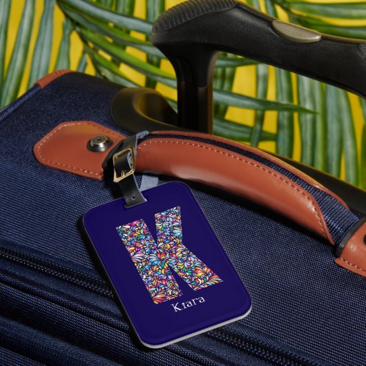 Étiquette À Bagage Vert violet jaune floral Monogramme initial K bleu (Insitu Rectoal 1)