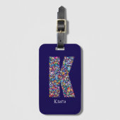 Étiquette À Bagage Vert violet jaune floral Monogramme initial K bleu (Devant Vertical)