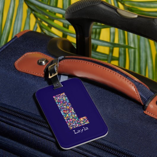Étiquette À Bagage Vert violet jaune floral Monogramme initial L bleu (Insitu Rectoal 1)