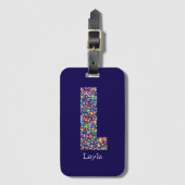 Étiquette À Bagage Vert violet jaune floral Monogramme initial L bleu (Devant Vertical)