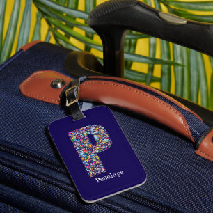 Étiquette À Bagage Vert violet jaune floral Monogramme initial P bleu