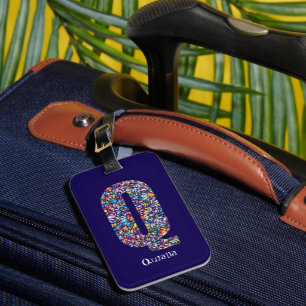 Étiquette À Bagage Vert violet jaune floral Monogramme initial Q bleu